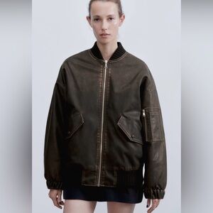 Zara Brown Faux-Leather Bomber Jacket